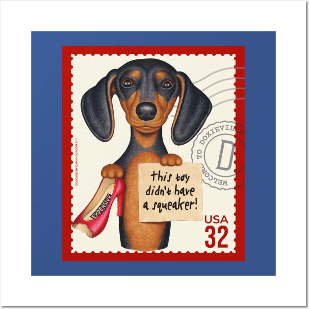 Cute Doxie Dachshund holding a new chew toy Wall Art by Danny Gordon Art